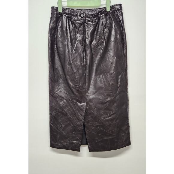 Vintage Mattina T Brown Genuine Leather Patchwork Mob Wife Midi Skirt, Size 12 - Picture 2 of 12